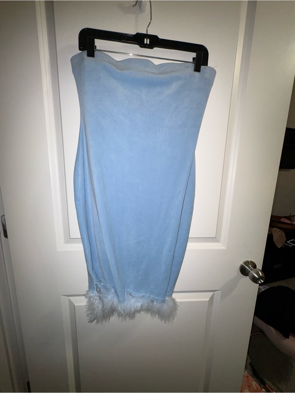 Light Blue Strapless Dress with Feather Trim